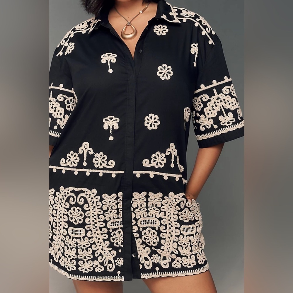 NWT Anthropologie Maeve Black Shirt Dress with Cream Embroidery sz XXS oversized